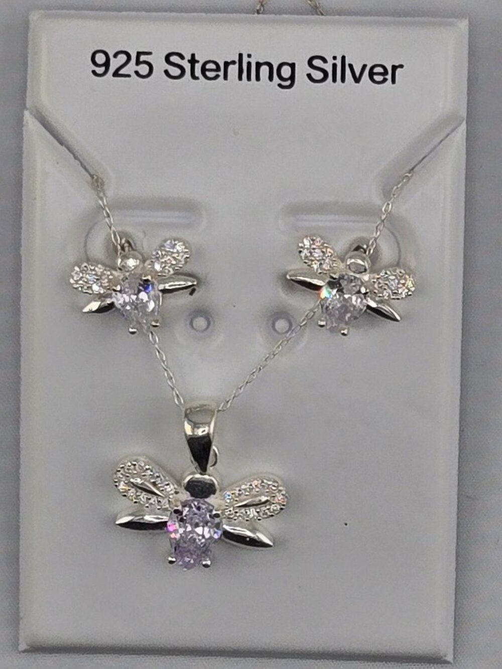 925 Sterling Silver Dragonfly CZ Pendant Necklace & Stud Earring Set L